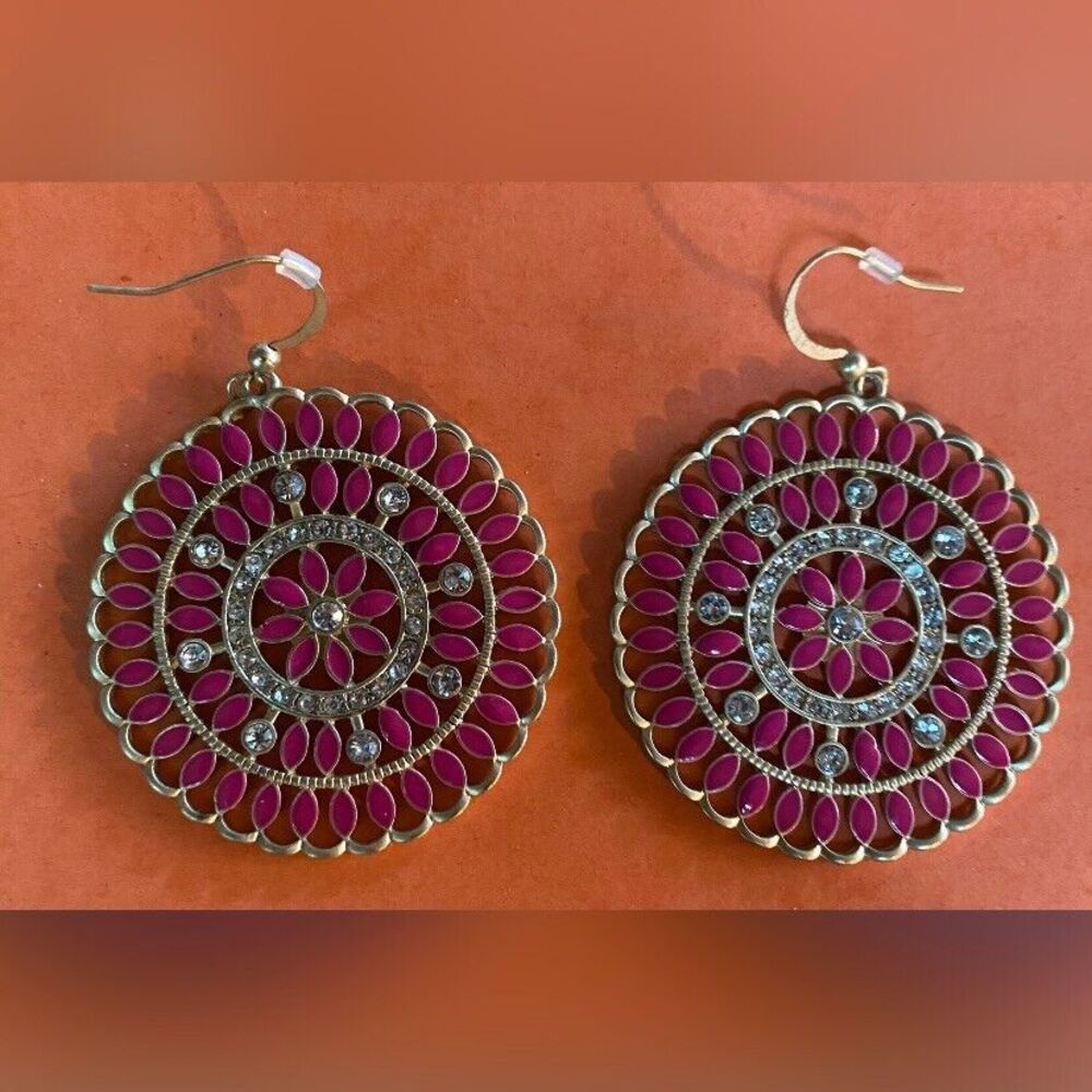 Women’s Earrings Round Red Stones Rhinestones Pierced Dangle Boho Ethnic